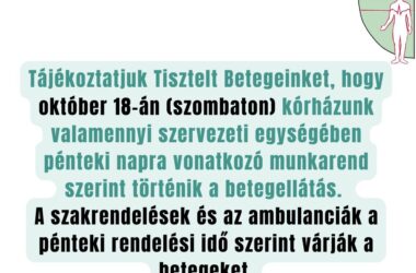 Kiemelt kép a Október 18-án pénteki munkarend szerint működik a vármegyei kórház című bejegyzéshez