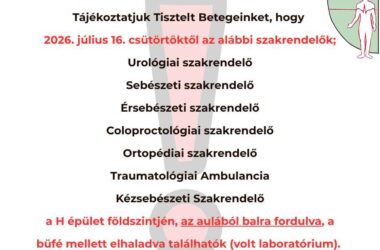 Kiemelt kép a Tájékoztatás kórházi szakrendelések helyszínváltozásairól című bejegyzéshez